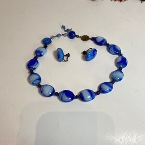 Antique Colored Swirl Glass Necklace Screwback Earrings Set READ DESCRIPTION
